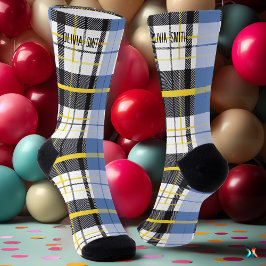 Persoonlijk blauw, geel en zwart tartan ruitpatroo sokken