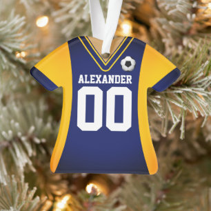 Persoonlijk blauw/geel voetbalshirt ornament