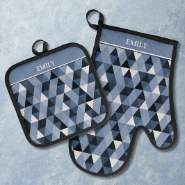 Persoonlijk Blauw Geometrisch Patroon Ovenwant & Pannenlap Set