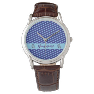 Persoonlijk blauw gestreept modern minimalistisch horloge