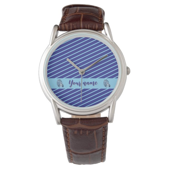 Persoonlijk blauw gestreept modern minimalistisch  horloge (Voorkant)