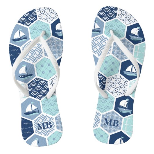 Persoonlijk blauw nautisch zeilbootmonogram teenslippers (Voetbed)