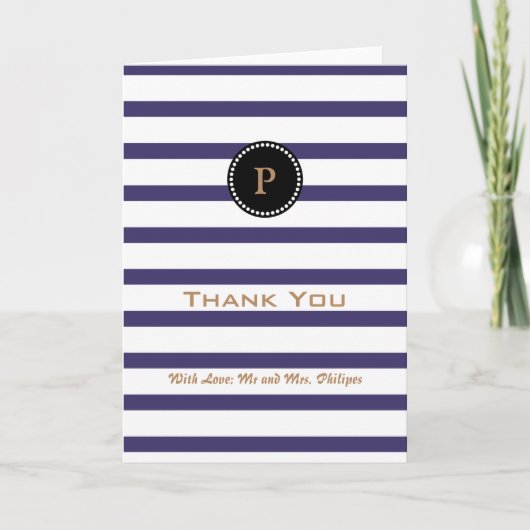Persoonlijk Blauw Striped Monogram Hartelijk dank Bedankkaart (Voorkant)