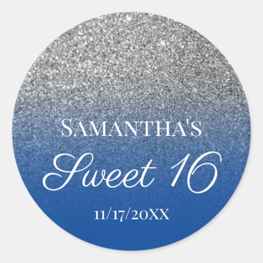 Persoonlijk blauw Zilver Ombre Glitter Sweet 16 Ronde Sticker (Voorkant)
