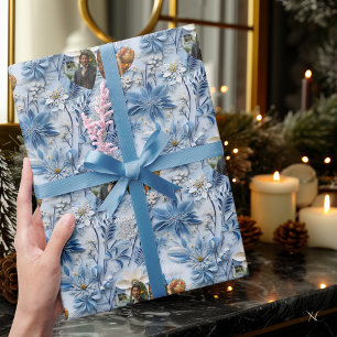 Persoonlijk blauwe bloem met foto's en namen cadeaupapier