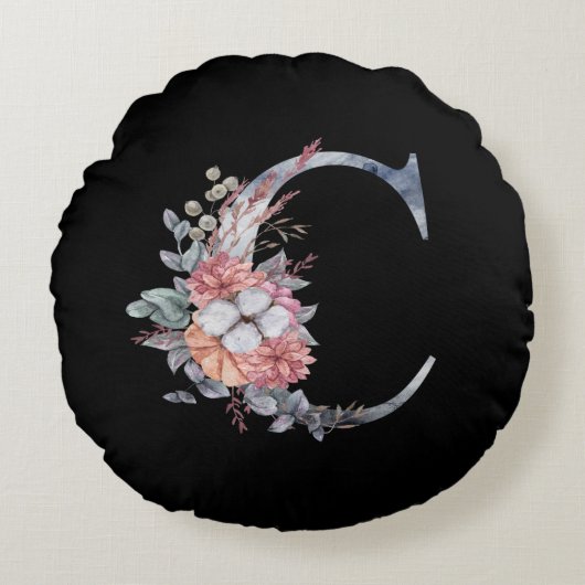 Persoonlijk Blauwe Bloemenmonogram C Rond Kussen (Voorkant)