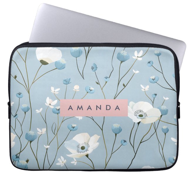 Persoonlijk Blauwe Bloemige Weide Ontwerp Laptop Sleeve (Voorkant)