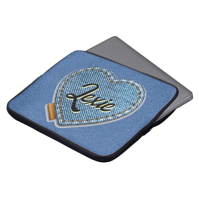 Persoonlijk Blauwe Denim Hart Laptop Sleeve (Voorkant top)