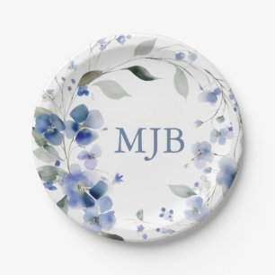 Persoonlijk Blauwe Elegante Bloemige Monogram Papieren Bordje