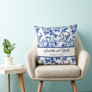 Persoonlijk Blauwe en Witte Bloemstuk Toile Trouwf Kussen