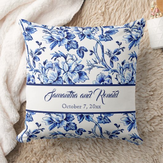 Persoonlijk Blauwe en Witte Bloemstuk Toile Trouwf Kussen (Deken)