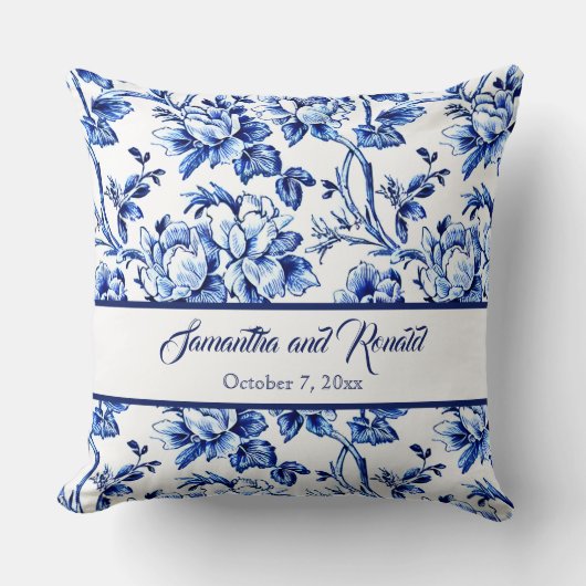 Persoonlijk Blauwe en Witte Bloemstuk Toile Trouwf Kussen (Voorkant)