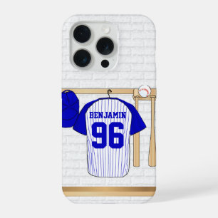 Persoonlijk blauwe en witte honkbal jersey iPhone 15 pro hoesje