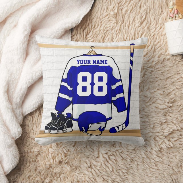 Persoonlijk blauwe en witte ijshockeyshirt kussen (Deken)