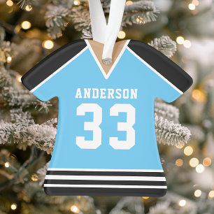 Persoonlijk blauwe en zwarte ijshockeyshirt ornament