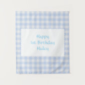 Persoonlijk blauwe Gingham Verjaardagsfeest op maa Wandkleed (Voorkant)