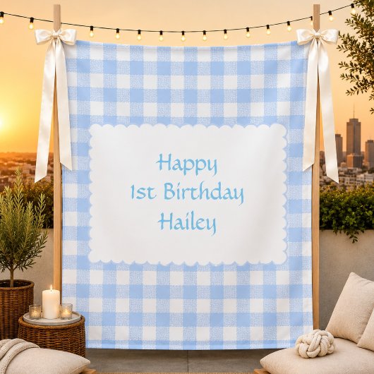 Persoonlijk blauwe Gingham Verjaardagsfeest op maa Wandkleed