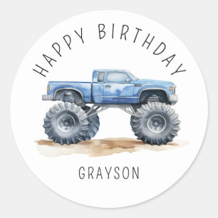 Persoonlijk Blauwe Monstertruck Verjaardagscadeau Ronde Sticker