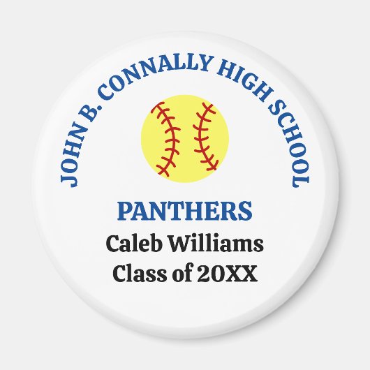 Persoonlijk Blauwe Softbalspeler op Middelbare Sch Magneet (Voorkant)