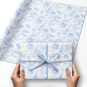 Persoonlijk Blauwe Toile Safari Baby Shower Cadeau Cadeaupapier