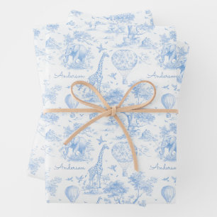 Persoonlijk Blauwe Toile Safari Baby Shower Cadeau Inpakpapier Vel