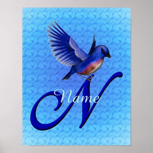Persoonlijk Blauwe Vogel Monogram Initiaal N Poster (Voorkant)
