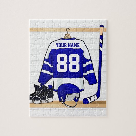 Persoonlijk blauwwit ijshockeyshirt legpuzzel (Verticaal)