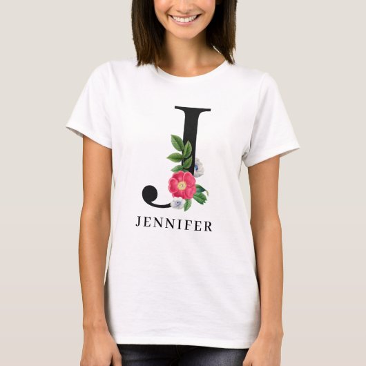Persoonlijk bloemalfabet J monogram T-shirt (Voorkant)