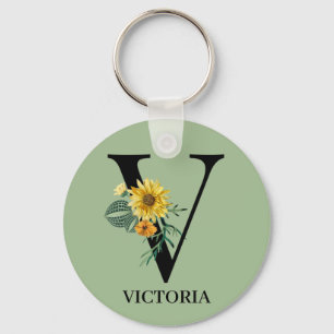 Persoonlijk bloemalfabet V monogram Sleutelhanger
