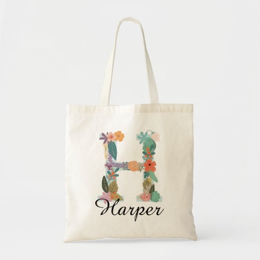 Persoonlijk bloemendessin met monogram en naam in tote bag (Voorkant)