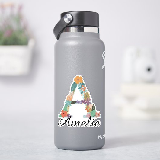 Persoonlijk bloemendrieletter Custom Naam Botanisc Sticker (HydroFlask)