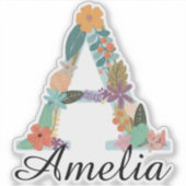 Persoonlijk bloemendrieletter Custom Naam Botanisc Sticker (Voorkant)