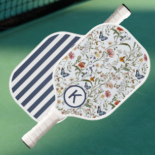Persoonlijk bloemenpatroon met vlinders en strepen pickleball paddle