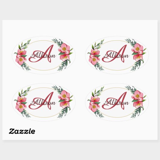 Persoonlijk bloemmonogram ovale sticker (Vel)