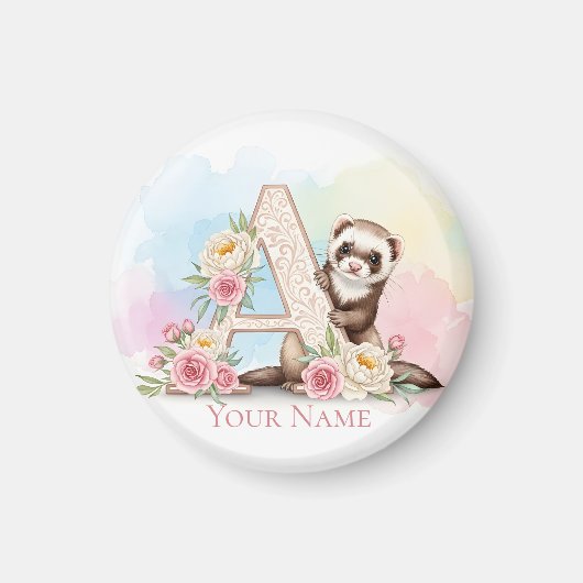 Persoonlijk bloemrijk monogram 'A' met knuffel fre Magneet (Voorkant)