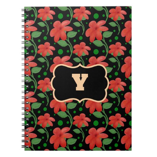 Persoonlijk bloemrijk monogramontwerp | Rode bloem Notitieboek (Voorkant)