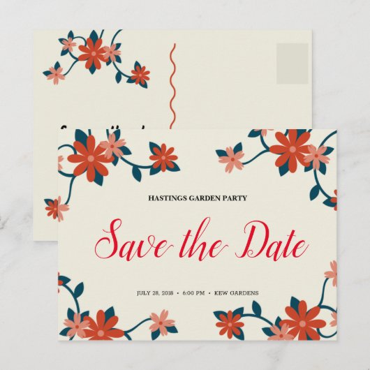 Persoonlijk - Bloemrijke Tuinfeest Save The Date Briefkaart (Voorkant / Achterkant)