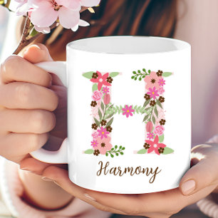 Persoonlijk bloemstuk letter H monogram roze bloem Koffiemok