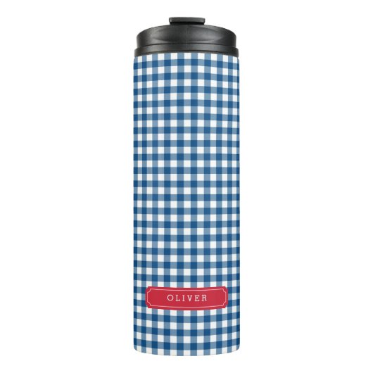 Persoonlijk Blue Gingham Monogram Thermosbeker (Voorkant)