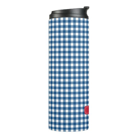 Persoonlijk Blue Gingham Monogram Thermosbeker (Gedraaid links)