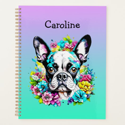 Persoonlijk Boston Terrier omringd door Bloemen Planner (Voorkant)