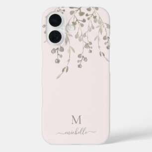 Persoonlijk botanisch watercolor monogram roze iPhone 16 hoesje