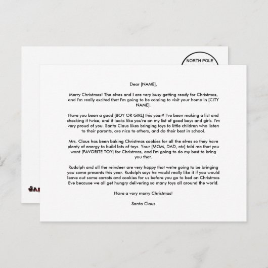 Persoonlijk BRIEFKAART van SANTA (Voorkant / Achterkant)