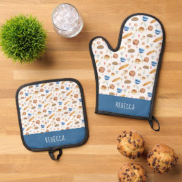 Persoonlijk brood & bakkerij waterverfpatroon ovenwant & pannenlap set