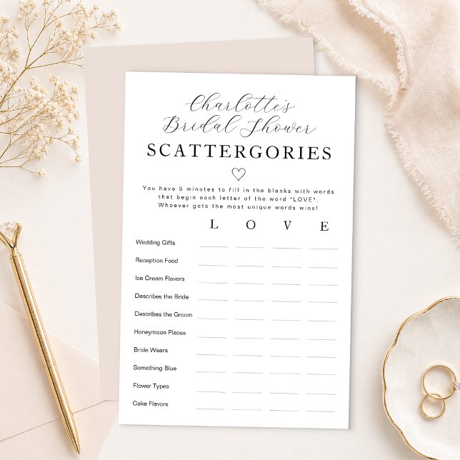 Persoonlijk Bruidsdouche Scattergories Spel (Bridal Shower Game Card)