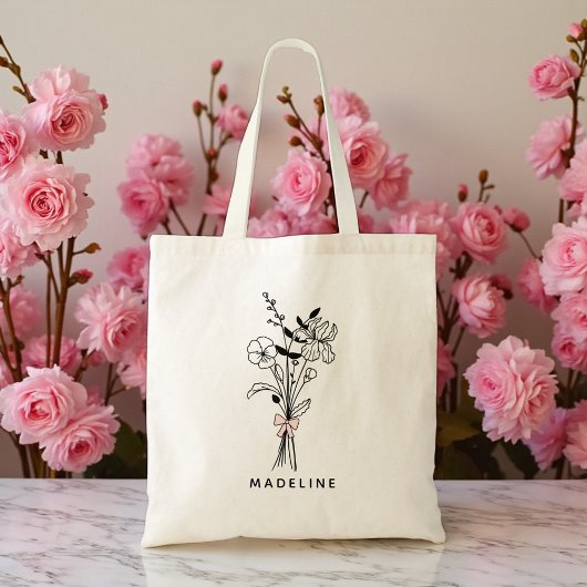 Persoonlijk bruidsmeisje cadeau bloem roze strik tote bag