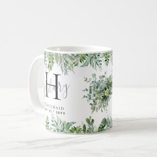 Persoonlijk bruidsmeisjes monogram groen bruiloft koffiemok (Voorkant links)