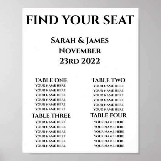 Persoonlijk bruiloft zitplaatsenoverzicht poster (Voorkant)