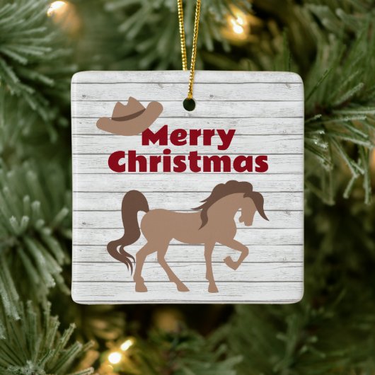 Persoonlijk bruin paard en cowboy Pet met kerstmis Keramisch Ornament (Boom)