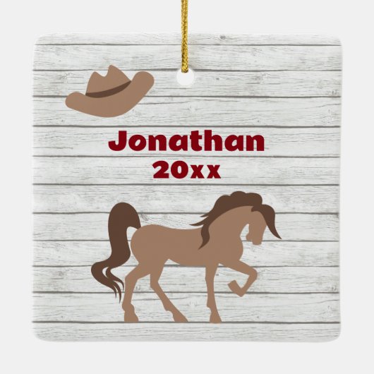 Persoonlijk bruin paard en cowboy Pet met kerstmis Keramisch Ornament (Achterkant)